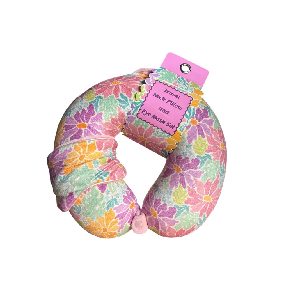 Women's Travel Neck Pillow & Eye Mask Set Pastel Floral Pink Vacation GIFT NEW
